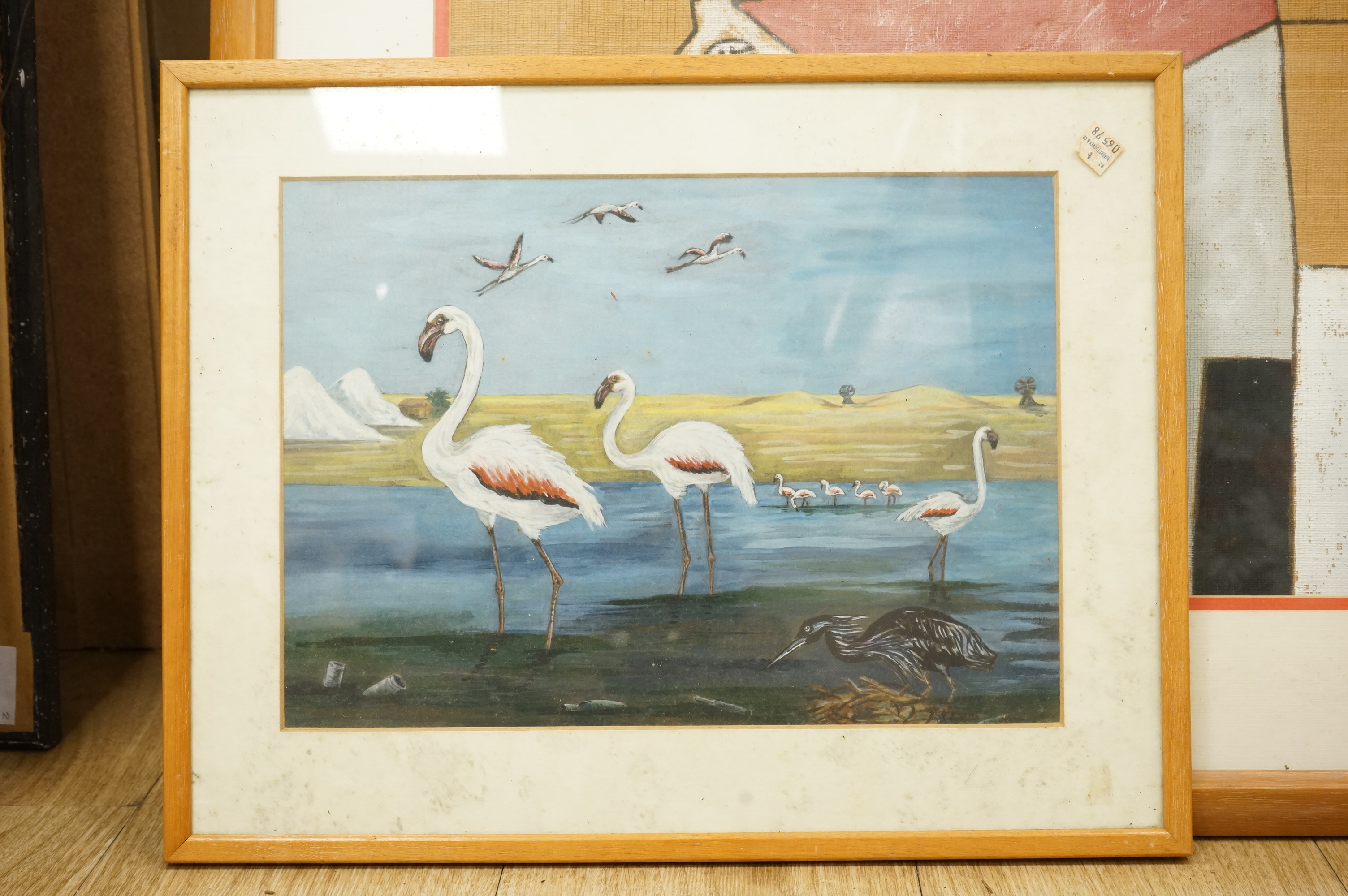20th century school, Riverscape with flamingos, unsigned, gouache, 24 x 33cm